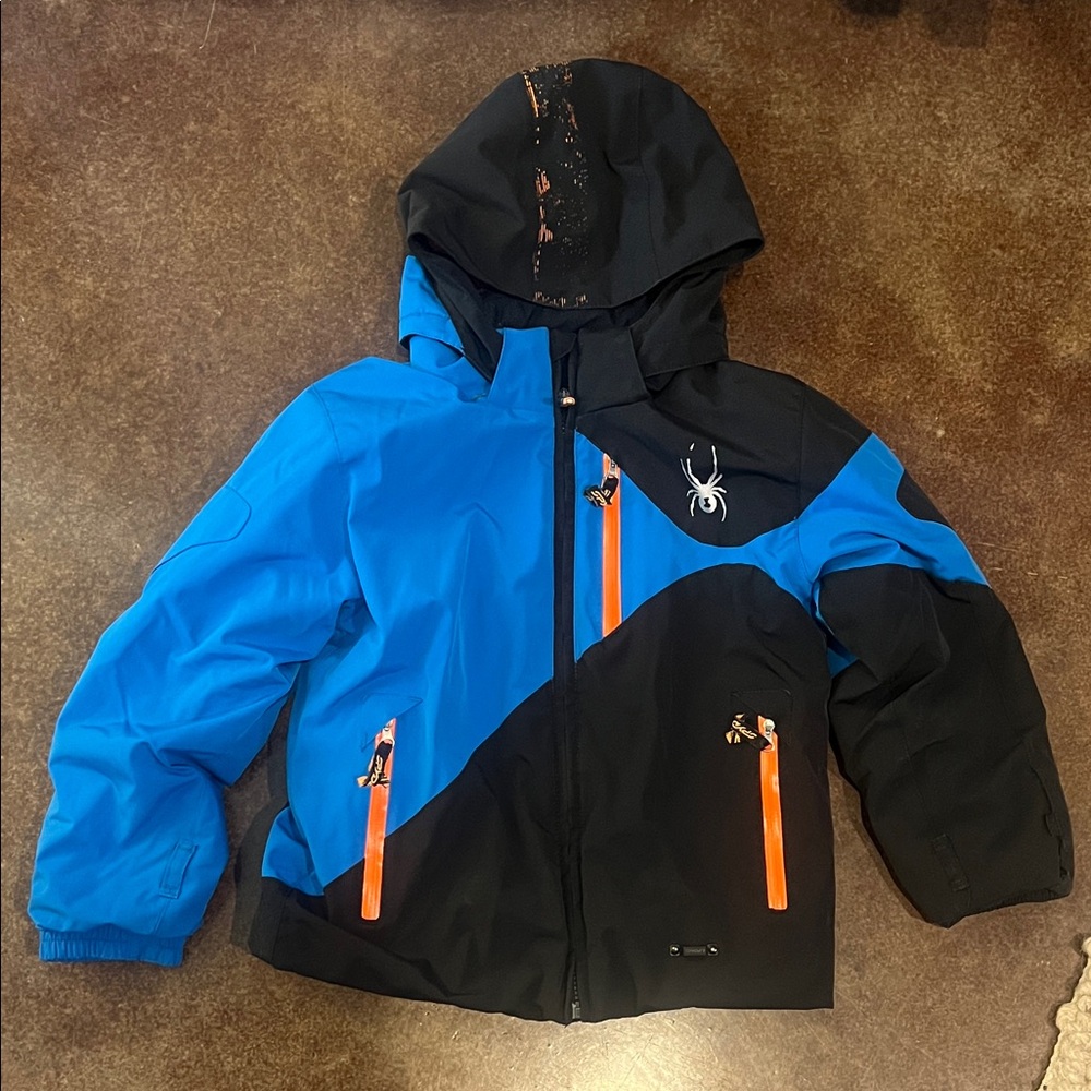 Spyder Kids Puffer Jacket in Blue and Black with Orange Accents